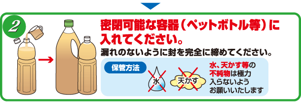 密閉可能な容器（ペットボトル等）に入れてください。